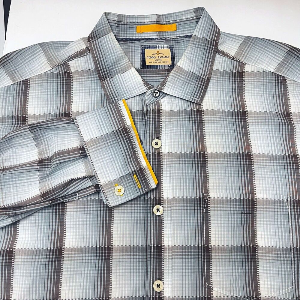Tommy Bahama Jeans Island Crafted Blue Plaid Long Sleeve Shirt Size XLT